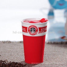 Reise-Öko-Becher Kaffeetasse mit Plastikdeckel, Keramikbecher mit Silikonverpackung, Tasse Starbucks